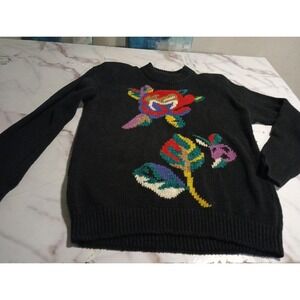Vintage Rare Duet Black Knit Style Sweater Women Size Large 80s Floral Pattern